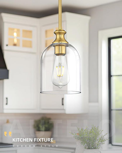 Autelo Gold Pendant Lights, 1-Light Pendant Lights Kitchen Island in Brushed Gold Finish with Clear Cylinder Glass, Vintage Pendant Light Fixtures, Vintage Hanging Lights for Kitchen Island H2511 CLBG