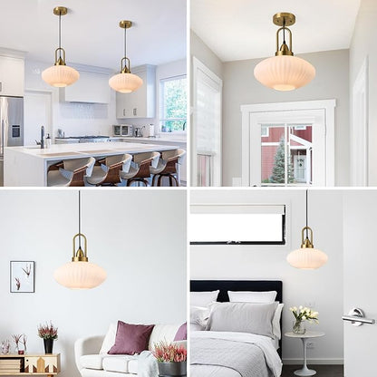 12 Inch Milk Glass Pendant Lights Vintage Chandelier Pendant Lighting Modern Mid Century Hanging Lights Adjustable Kitchen Island Light for Dining Room Bedroom Hallway