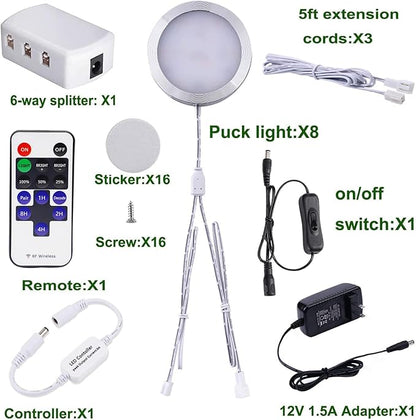 AIBOO Linkable Under Cabinet LED Lighting 12V Slim Aluminum Dimmable Puck Lights with RF Remote Control & UL Listed Plug for Display Bookshelf Lighting(8 Lights, Daylight White)