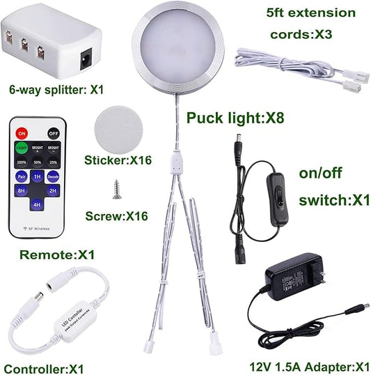 AIBOO Linkable Under Cabinet LED Lighting 12V Slim Aluminum Dimmable Puck Lights with RF Remote Control & UL Listed Plug for Display Bookshelf Lighting(8 Lights, Warm White)