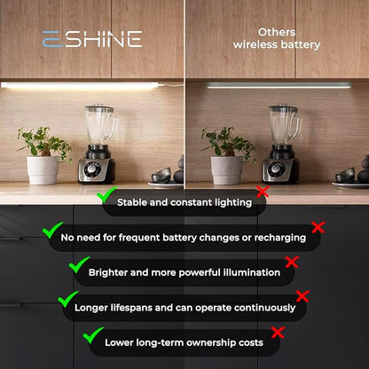 EShine Hand Wave Activated Under Cabinet LED Lighting Kit, Dimmable, 12-Pack 12 in - Touchless Dimming Control, Black Under Counter Lights for Kitchen, Garage, Office, Desk - Warm White (3000K)