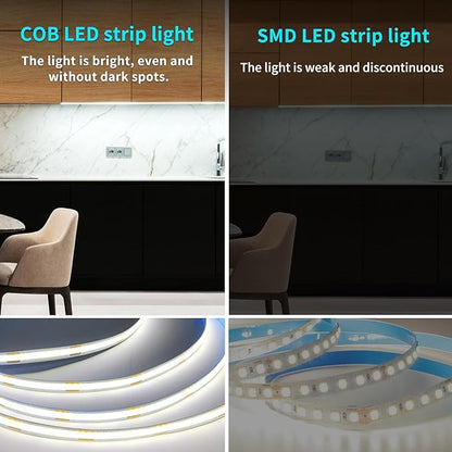 COB LED Strip Lights 6000K 65.6ft DC 24V Dimmable White Flexible LED Tape Light for Bedroom, with Remote and app Control LED Tape Lights CRI90+,forLiving Room, Shelf, Cabinet Home Decoration