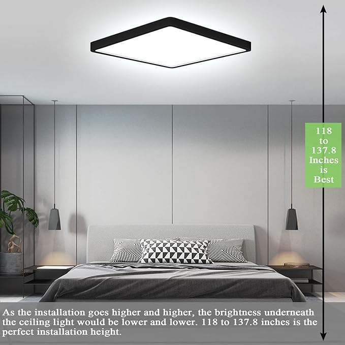 Flush Mount Ceiling Light, 3000K/4500K/6500K switchable Ceiling Light, 12 Inch Flush Mount Light, 36W Square Ceiling Mount Light Fixture for Kitchen, Bedroom, Living Room, Dining Room (Black)
