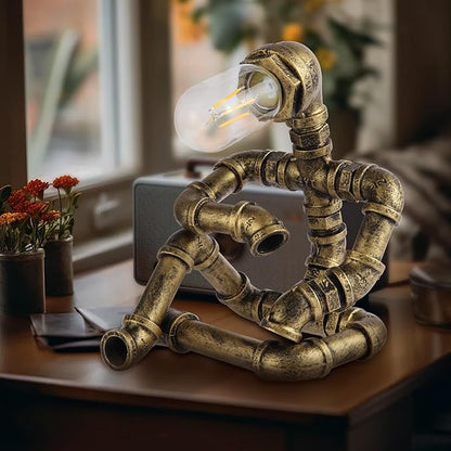 Steampunk Decor Table Lamp for Men Unique Creative Robot Style Desk Lamp,Vintage Industrial Metal Pipe Water Pipe Light, Home Decor Ideal for Bedrooms,Study. (Bronze A)