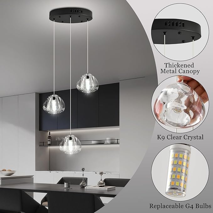 Modern Crystal Kitchen Island Chandelier 3-Lights Raindrop Pendant Light, Black Bubble Crystal LED Dining Room Bedroom Foyer Lighting Fixture