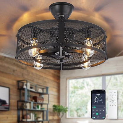Depuley Caged Ceiling Fan with Light: 20" Black Small Fandelier Ceiling Fan with Remote - Farmhouse Fandelier with Fan Light Fixture for Low Profile Indoor Bedroon Kitchen Living Dining Room