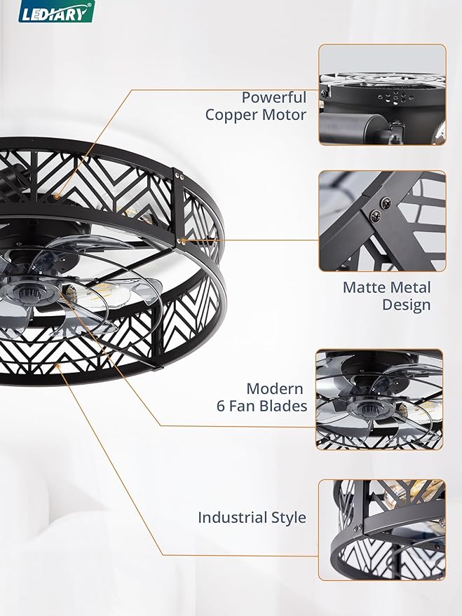 LEDIARY 23" Caged Ceiling Fan with Light, Large Flush Mount, App&Remote Control, Low Profile Bladeless Fan Light Fixture 6 Speed, Reversible and Quiet Motor-Black