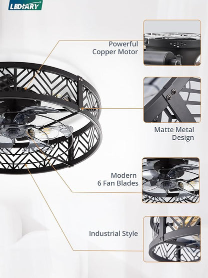 LEDIARY 23" Caged Ceiling Fan with Light, Large Flush Mount, App&Remote Control, Low Profile Bladeless Fan Light Fixture 6 Speed, Reversible and Quiet Motor-Black