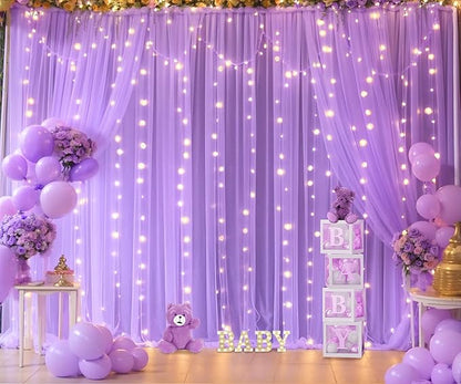 Lavender Sheer Backdrop Curtain with Led Lights for Baby Shower Girls Wedding10ft X 10ft Lavender Tulle Backdrop Curtain for Bridal Shower Birthday Party Photoshoot Arch Background Decorations