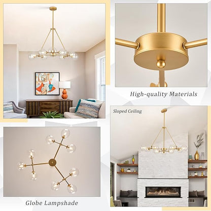 CATINER L40”Sputnik Chandeliers 9-Lights Modern Gold Chandelier Mid Century Ceiling Pendant Light Fixtures with Clear Glass Globe Shades for Kitchen Bedroom Living Dining Room Foyer Entryway