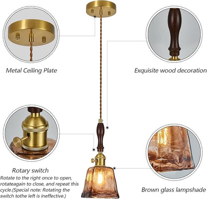 Amber Glass Vintage Pendant Light Height Adjustable Handmade Glass Pendant Lights Kitchen Island Gold Hanging Light Fixture with Wood Handle for Bedroom Dining Room Hotel (2Pack)