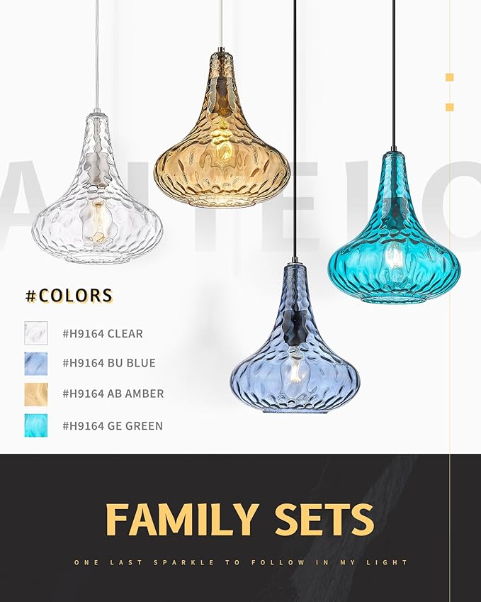 AUTELO Glass Kitchen Pendant Lights Pendant Light Fixture with Hammered Glass Hanging Light for Kitchen Island Living Room Dinning Room H9164