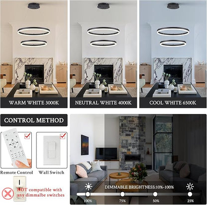 Modern LED Chandelier Black 2-Rings Pendant Light Circular Flush Mount Ceiling Chandelier Lighting with Remote Control for Bedroom Living Room Dining Room Entrance, 3000K-6500K