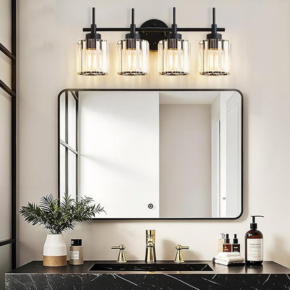 EJIAXIN 4 Light Round Crystal Vanity Lights, Modern Black Crystal Wall Light Bath Mirror Light Fixture Over Mirror Bathroom Wall Sconces for Bathroom Living Room