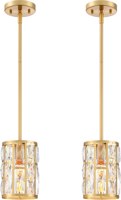 MEXO Modern Crystal Pendant Light Fixture 2-Pack Gold Finish Hanging Lighting Crystal Chandelier for Kitchen Island