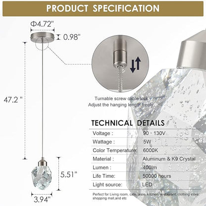 Modern Nickel Crystal Pendant Light, Dimmable LED Pendant Light Fixture for Kitchen Island Dining Room Bedroom Bathroom 5W Cool White 6000k