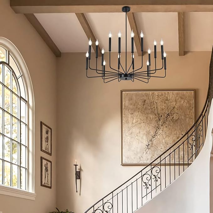 WOKNOS Modern Black Farmhouse Chandeliers, 16-Light Industrial Metal Chandelier Lighting, Classic Candle Hanging Pendant Light Fixtures for Kitchen Island, Living Room, Dining Room, Stair
