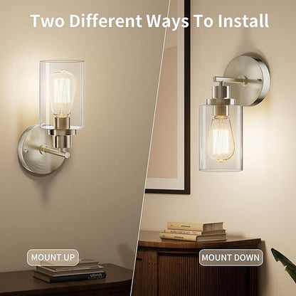 BUTHY Bathroom Wall Sconces Set of Two: Brushed Nickel Vanity Light Fixtures with E26 Base LED Cordless Indoor Wall Mount Lamp for Mirror Bedroom Hallway Stairway Modern Decor Lighting