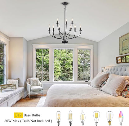 Black Farmhouse Chandelier 9-Light, 2-Tier Modern Candle Chandeliers for Dining Room Light Fixtures, Industrial Hanging Light French Country Chandelier for Bedroom Living Room Foyer Entryway