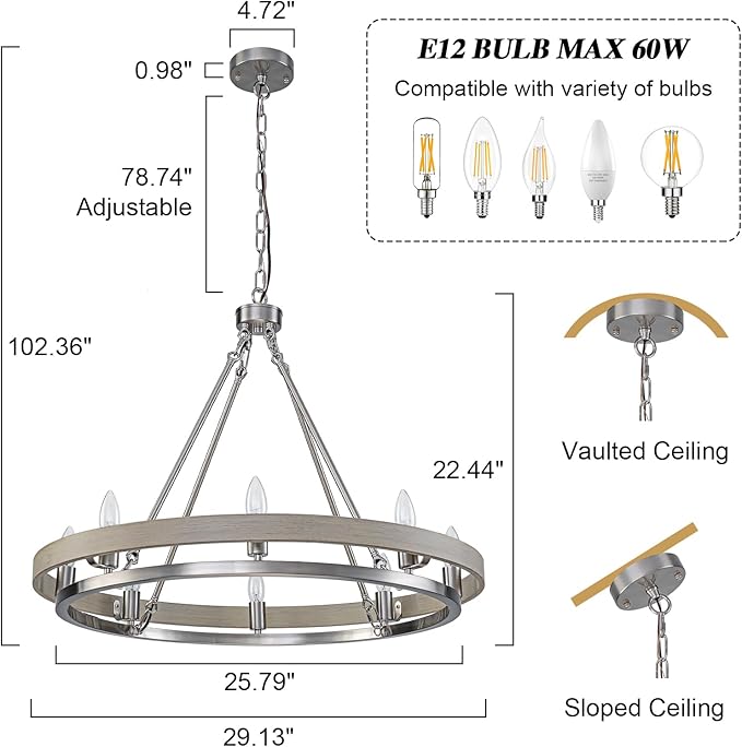 29" Brushed Nickel Wagon Wheel Chandelier, 8-Light Large Farmhouse Chandelier with Wood Grain Rustic Round Dining Room Light Fixtures for High Ceiling Foyer Living Room