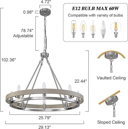 29" Brushed Nickel Wagon Wheel Chandelier, 8-Light Large Farmhouse Chandelier with Wood Grain Rustic Round Dining Room Light Fixtures for High Ceiling Foyer Living Room