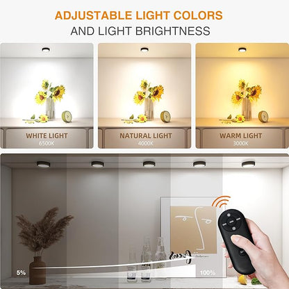 Puck Lights with Remote Control Rechargeable, Full-Screen Wireless LED Under Cabinet Lighting with Light Guide Plate,3 Color Dimmable Stick On Tap Lights for Kitchen,Counter,Closet,Shelf, 4PCS,Black