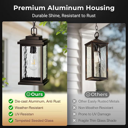 VIANIS Bronze Large Outdoor Pendant Light Fixtures with Water Glass, Anti-Rust Waterproof Hanging Light Fixture with Adjustable Wire, Easy-to-Install Outdoor Hanging Lantern for Porch, Garden, Garage