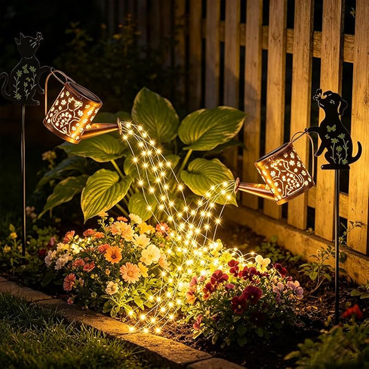 Solar Watering Can with Metal Cat and Dog Figures, Hanging Garden Decoration, Outdoor Garden Gift for Women (Dog+Cat Watering Can Lights)