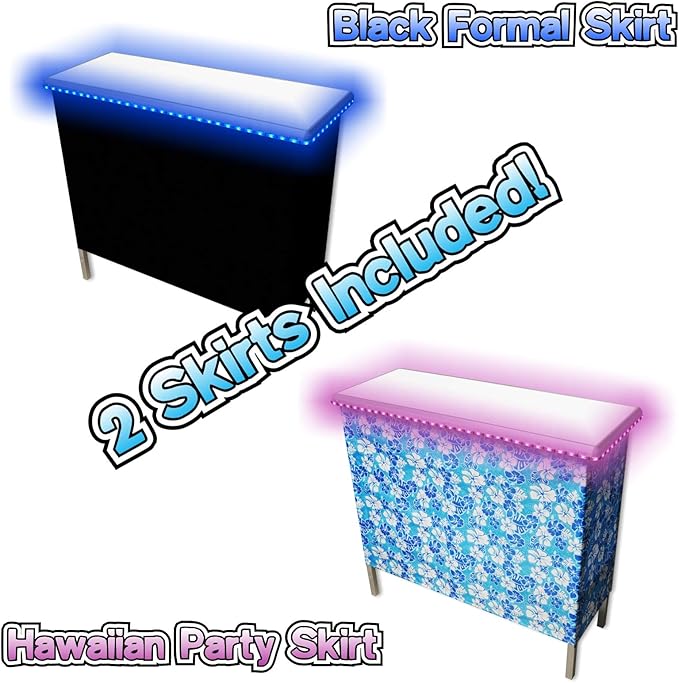 Folding Portable Party Bar w/Patended LED Lights, Black & Hawaiian Bar Skirts, Storage Shelf, & Carrying Case