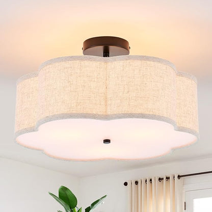 18" Semi Flush Mount Ceiling Light 3-Light Modern Linen Drum Ceiling Lighting with Black Finish, Vintage Ceiling Light for Living Room, Kitchen, Basement, Laundry Room, Bedroom