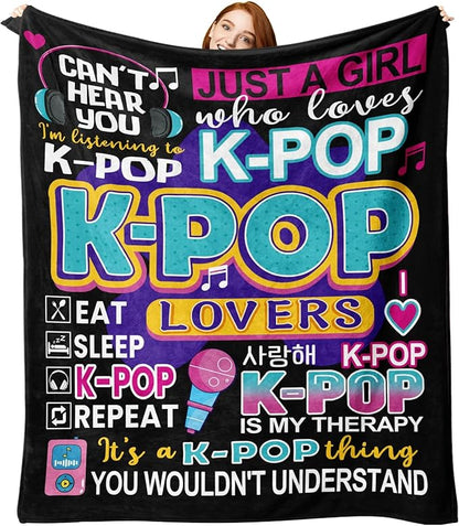 Kpop Women Girls Teen Gifts Flannel Throw Blanket, Korean Pop Music Present for Korea Friends K-Pop Lovers Fans, Funny Soft Bedding Sofa Blanket Birthday Ideas 50" x 70"