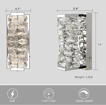 HuisMier Chrome Crystal Wall Sconces, Modern Dimmable LED Wall Light Fixtures with 3 Color Temperature, K9 Elegant Crystal Vanity Wall Lighting for Bathroom Bedroom Living Room Stairway Hallway