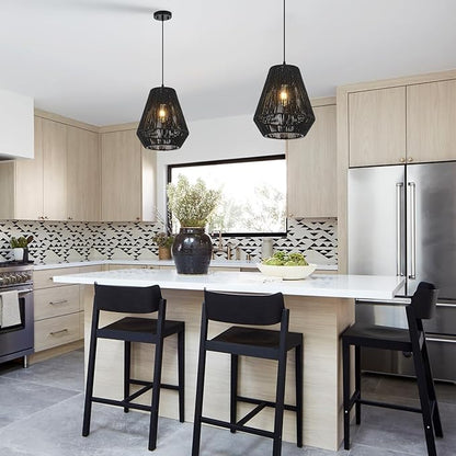 13” Boho Hand Woven Rattan Mini Chandelier Matte Black Classic Pendant Light for Kitchen Island Dining Room Hallway, UL Listed