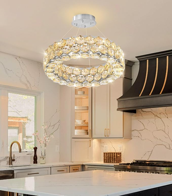 Crystal Chandeliers Modern Rings Pendant Light LED Dimmable Ceiling Light for Bedroom Dinning Room Kitchen Silver