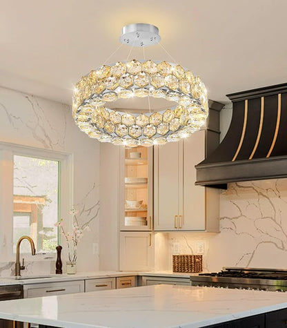 Crystal Chandeliers Modern Rings Pendant Light LED Dimmable Ceiling Light for Bedroom Dinning Room Kitchen Silver