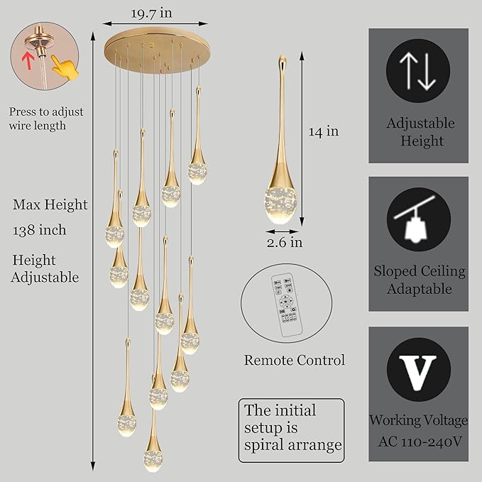 Modern Crystal Staircase Chandelier Gold 12-Lights, H120'' Large High Ceiling Spiral Dimmable LED Raindrop Foyer Entryway Light Fixture Remote Control