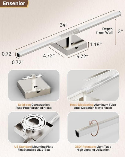 Ensenior Modern Brushed Nickel Bathroom Vanity Light 24 inch, Built-in Dimmer, 1100LM Dimmable 5CCT Led Bath Lights, Bar Vanity Light for Bathroom Mirror Cabinets Bedroom-FCC & ETL Certificated