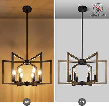 Klgxnrd 6-Light Modern Farmhouse Pendant Lights for Kitchen Island, Vintage Geometric Dining Room Lighting Hanging, Industrial Chandelier for Hallway Foyer, Retro Wood Texture and Black Finish