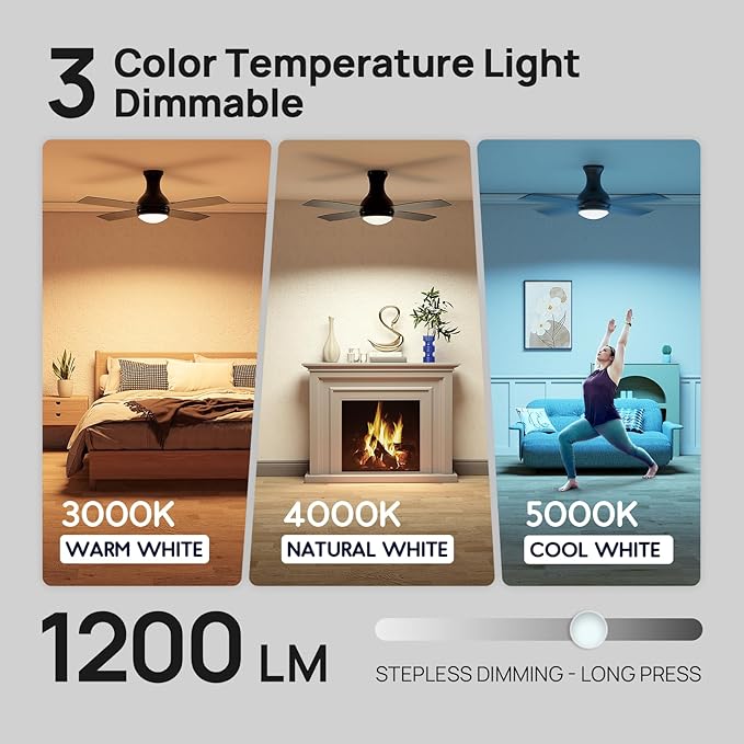 Consciot 52 Inch Ceiling Fan With Lights, Modern Black Ceiling Fan, Remote Control, Quiet Reversible DC Motor, Flush Mount, Dimmable 3CCT LED Light, Double Finish Blade, For Indoor Bedroom Living Room