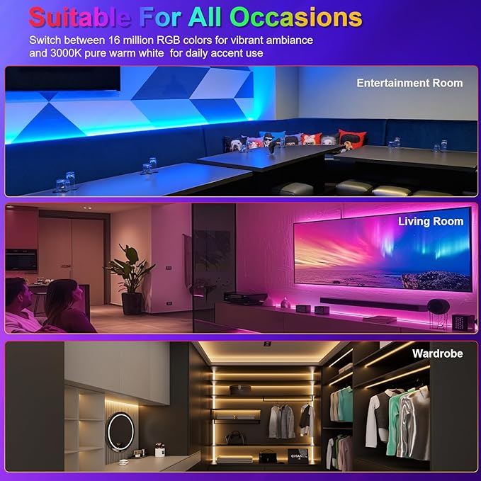 JOYLIT 32.8FT/10M COB LED Strip Lights RGBW, 24V RGB+3000K Warm White Color Changing Flexible Dimmable Tape Light, No Dark Spots, 784LEDs/M High Density Cuttable Adhesive LED Strip for Indoor