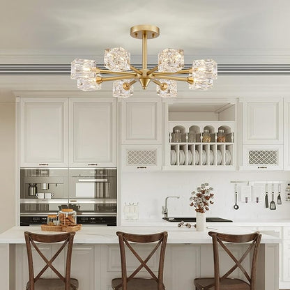 XINGQI Semi Flush Mount Ceiling Light Fixture Modern Sputnik Chandeliers 8 Lights Gold Chandelier, Fashion Lighting for Bedroom Dining Room Farmhouse Kitchen Office
