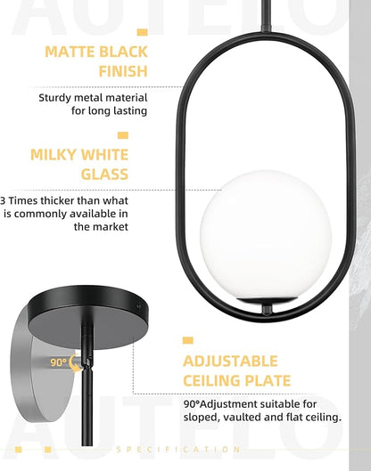 AUTELO Matte Black 1 Light Pendant Lights Kitchen Island, Mid Century Modern Light Fixtures with Milky White Globe Glass, Black Hanging Lamp for Kitchen Island H9376 MGBK