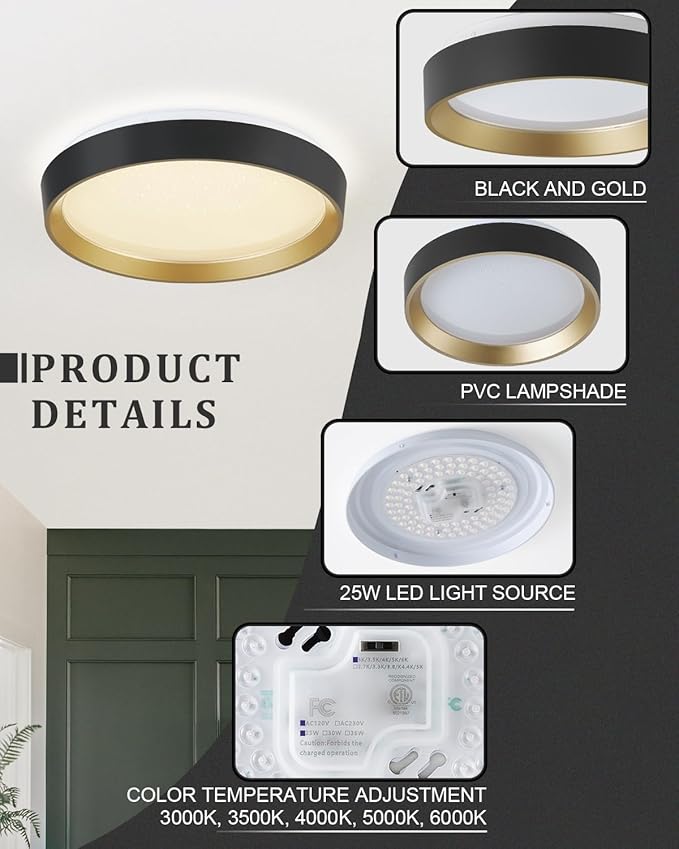 ANYLOVE 10 Inch Modern Flush Mount Ceiling Lights,White Gold Plastic Round Ceiling Light,Dimmable 3000K,3500K,4000K,5000K,6000K,for Living Room,Dining Room,Bedroom,Kitchen (Black and Gold, 10 Inch)