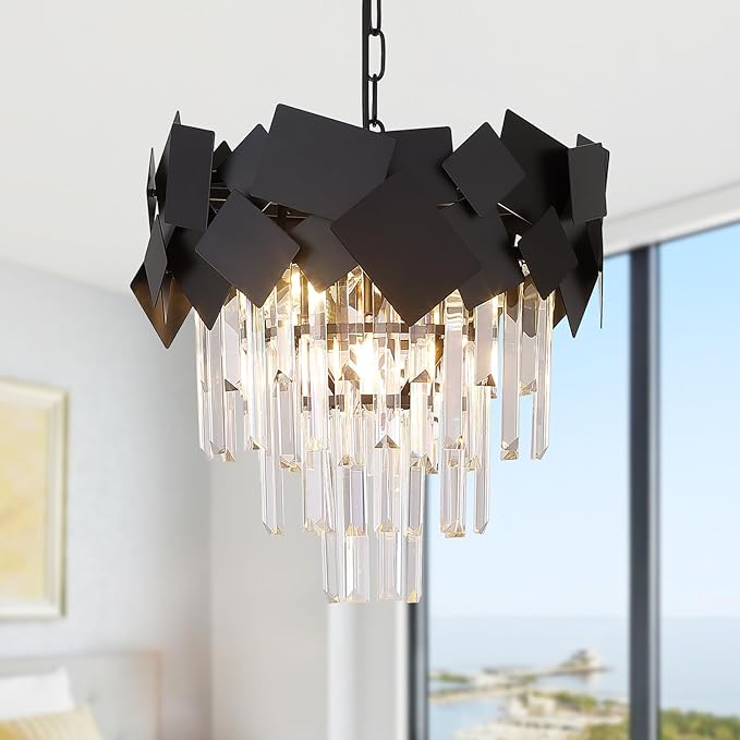 Modern Crystal Chandeliers 16” Black Chandeliers Ceiling Pendant Light Fixture for Kitchen Island Entry Light Dimmable Small Flush Mount Chandeliers Round for Foyer Entryway Dining Room Hallway