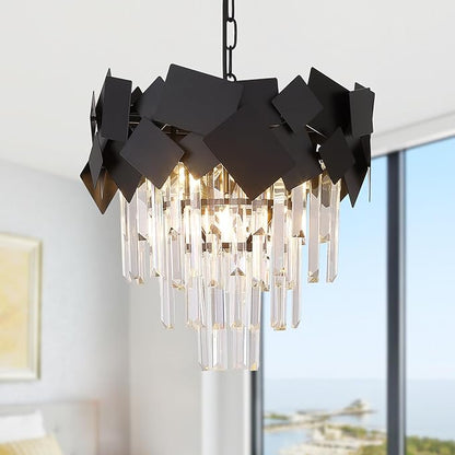 Modern Crystal Chandeliers 16” Black Chandeliers Ceiling Pendant Light Fixture for Kitchen Island Entry Light Dimmable Small Flush Mount Chandeliers Round for Foyer Entryway Dining Room Hallway