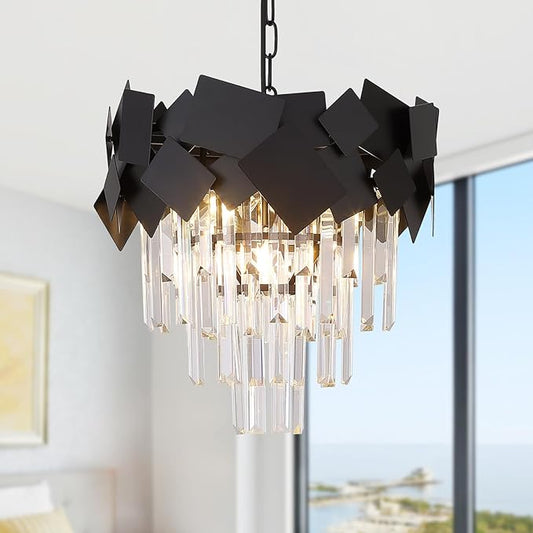 Modern Crystal Chandeliers 16” Black Chandeliers Ceiling Pendant Light Fixture for Kitchen Island Entry Light Dimmable Small Flush Mount Chandeliers Round for Foyer Entryway Dining Room Hallway