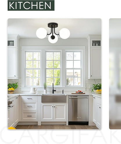 3-Globe Black Flush Mount Ceiling Light in a Modern Farmhouse Design is Ideal for Living Rooms, Bedrooms, or Dining Rooms. Model:CKCL4845-3W-BK，(Bulb Incl)