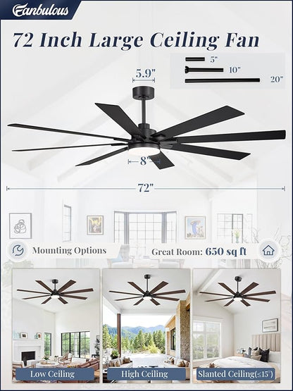 Fanbulous 72 Inch Ceiling Fans with Lights and Remote, Dual-Sided Reversible Blades for Versatile Décor, Quiet DC Motor, Wide-Angle Customized Brightness & 3CCT, Damp Rated for Indoor/Outdoor Use