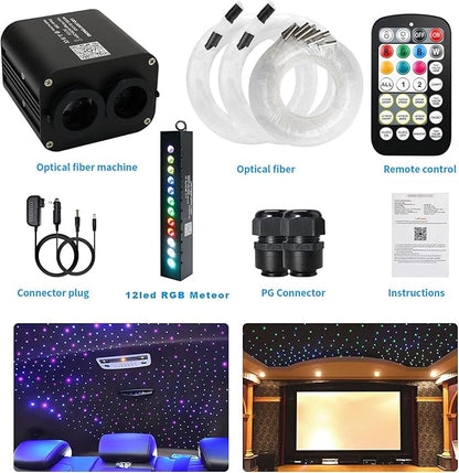 AMKI Dual Color 20W Twinkle Starlight Headliner Kit 600pcs*0.03in*9.8ft Cables+ RGB Meteor Shooting Star Fiber Optic Light Sound Activated APP/Remote Control for Car Roof Home Ceiling