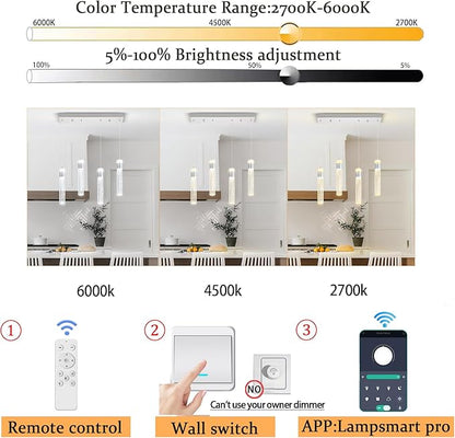 Dimmable Chrome 4-Light Pendant Lights Kitchen Island Modern LED Crystal Ceiling Light for Dinning Room Living Room 32W
